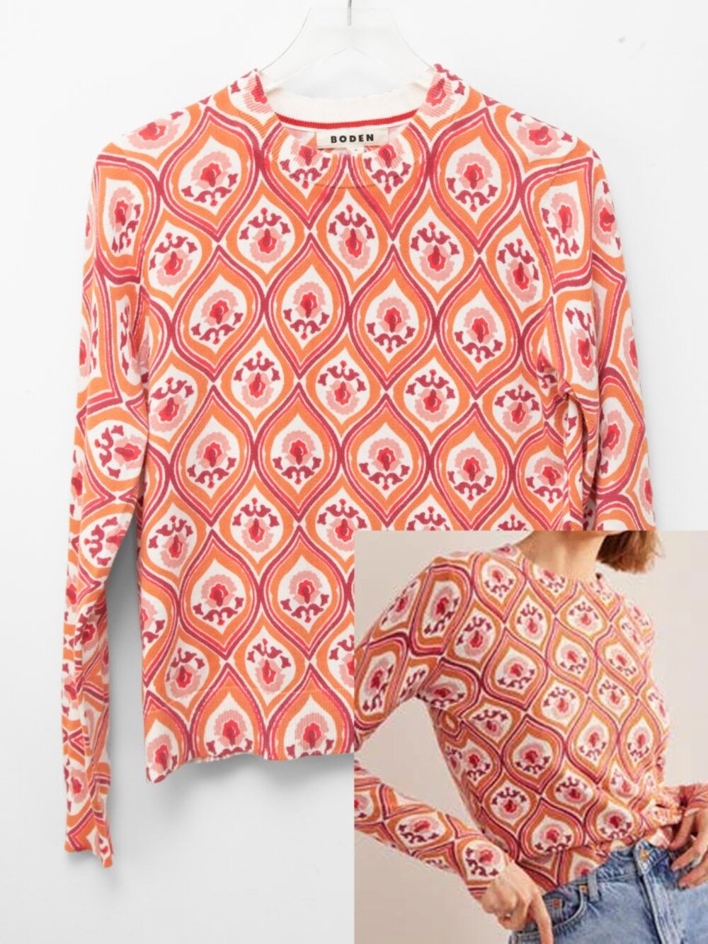 Boden High Neck Jumper Lightweight Sweater 100% Cotton Orange Red White Size Med